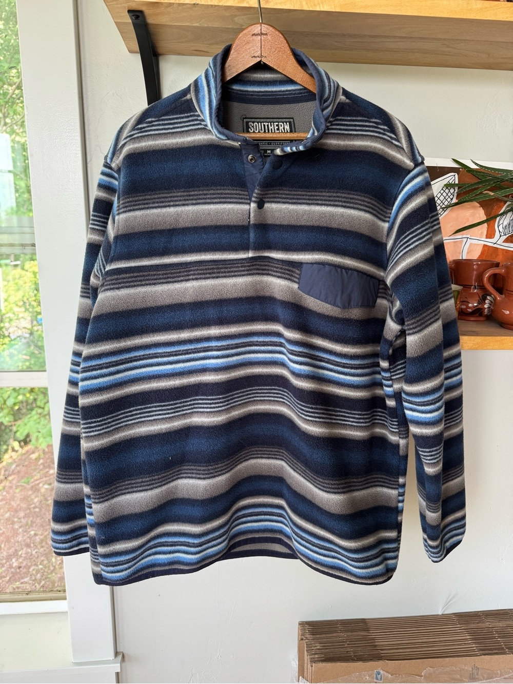 Southern Grit Blue Gray Striped Fleece Pullover Quarter Zip Sweatshirt Medium